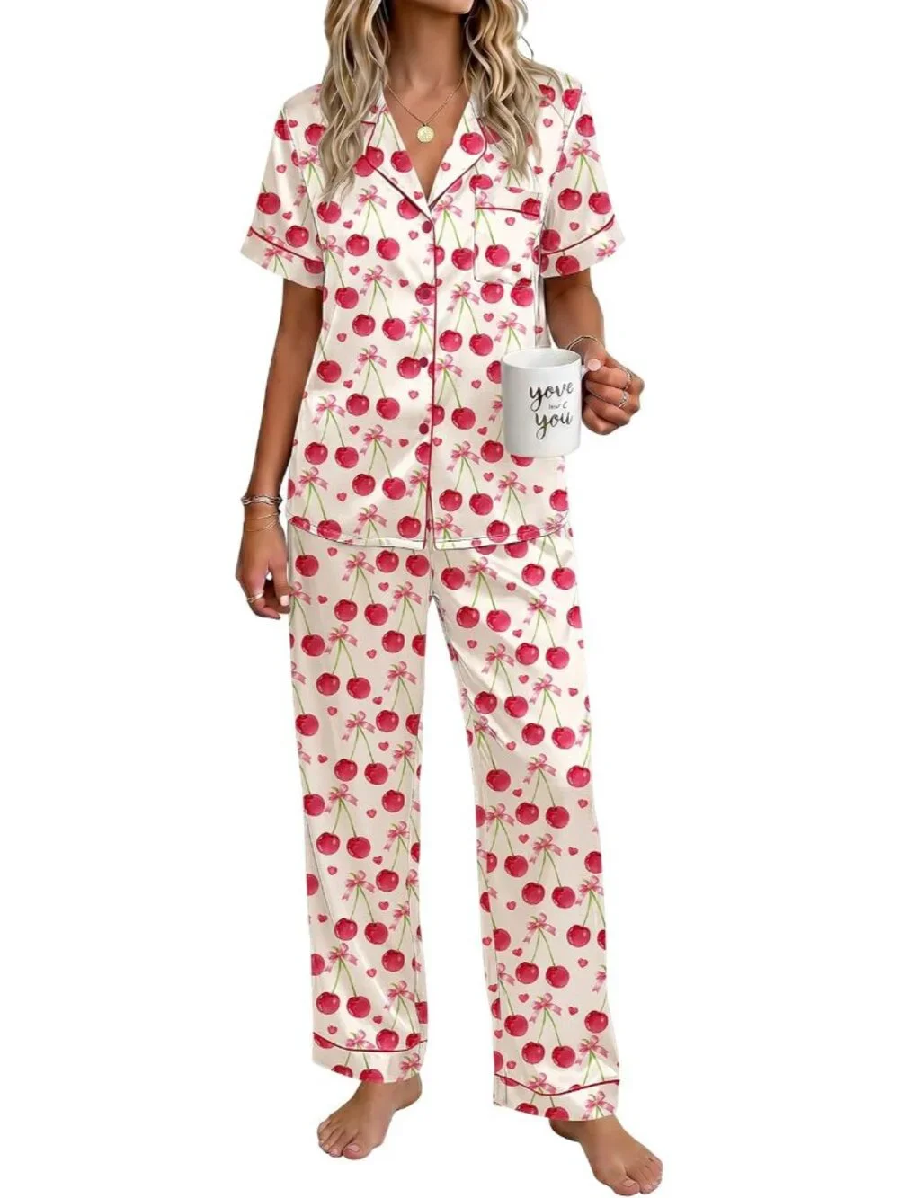 Women's Beige Polyester Short Sleeve Button Down Loungewear Satin Pajama Set